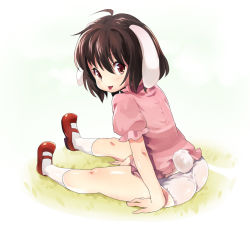 Rule 34 | 1girl, :p, animal ears, ass, bad id, bad pixiv id, black hair, brown eyes, brown hair, child, female focus, hakiata, inaba tewi, legs, looking back, mary janes, no pants, panties, rabbit ears, rabbit girl, rabbit tail, shoes, short hair, sitting, socks, solo, tail, thick thighs, thighs, tongue, tongue out, touhou, underwear, white panties, white socks