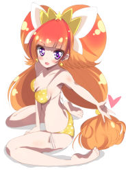 Rule 34 | 1girl, amanogawa kirara, armpits, bare shoulders, barefoot, bikini, blush, breasts, cleavage, cure twinkle, earrings, eyelashes, full body, go! princess precure, hair ornament, half updo, happy, haru (nature life), jewelry, looking at viewer, magical girl, multicolored hair, open mouth, orange hair, outstretched arm, precure, purple eyes, quad tails, red hair, ribbon, sideboob, simple background, sitting, smile, soles, solo, star (symbol), star earrings, streaked hair, swimsuit, twintails, two-tone hair, white background