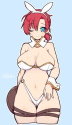 Rule 34 | 1girl, ;), animal ears, artist name, bare shoulders, blue background, blue eyes, boudica (fate), breasts, cowboy shot, cropped legs, detached collar, fake animal ears, fate/grand order, fate (series), hairband, large breasts, navel, o-ring, o-ring bottom, o-ring top, one eye closed, rabbit ears, red hair, shield, short hair, short ponytail, simple background, smile, solo, stroma, thigh gap, thigh strap, wrist cuffs