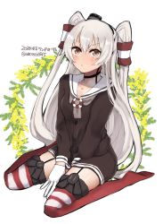 Rule 34 | 1girl, amatsukaze (kancolle), brown dress, brown necktie, commentary request, dated, dress, full body, garter straps, gloves, hair tubes, highres, kantai collection, lifebuoy, lifebuoy ornament, long hair, looking at viewer, necktie, one-hour drawing challenge, red thighhighs, sailor collar, sailor dress, short dress, silver hair, simple background, single glove, sitting, smokestack hair ornament, solo, striped clothes, striped thighhighs, swim ring, thighhighs, twitter username, two side up, wariza, white background, white sailor collar, wo zu, wreath