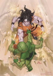 Rule 34 | 1boy, 1other, alien, artist name, black hair, claws, colored skin, commentary, dragon ball, dragonball z, english commentary, fighting, green skin, highres, in-hyuk lee, male focus, muscular, outdoors, overhead, pointy ears, saibaiman, sand, yamcha