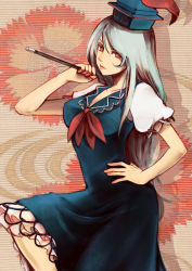 Rule 34 | 1girl, bad id, bad pixiv id, blue dress, breasts, dress, female focus, hand on own hip, hat, highres, kamishirasawa keine, lips, long hair, moggy-cat, red eyes, ribbon, silver hair, smile, solo, standing, tokin hat, touhou