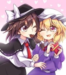Rule 34 | 2girls, :d, arm hug, arms up, black capelet, black headwear, black skirt, blonde hair, breasts, brown eyes, brown hair, candy, capelet, chocolate, chocolate heart, commentary request, cowboy shot, dress, dress shirt, food, hair between eyes, hat, hat ribbon, heart, heart background, highres, juliet sleeves, keyaki chimaki, long sleeves, looking at another, maribel hearn, medium breasts, mob cap, mouth hold, multiple girls, one eye closed, open mouth, pink background, puffy sleeves, purple dress, purple eyes, red neckwear, ribbon, shirt, short hair, single sidelock, skirt, smile, standing, star-shaped box, touhou, usami renko, valentine, white headwear, white shirt