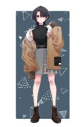 Rule 34 | 1girl, absurdres, arm at side, asymmetrical bangs, belt, black shirt, boots, breasts, brown footwear, brown jacket, closed mouth, earrings, full body, fur-trimmed jacket, fur trim, grey skirt, hand up, high-waist skirt, highres, jacket, jewelry, kashikaze, long hair, looking at viewer, open mouth, original, red eyes, shirt, shirt tucked in, skirt, sleeveless, sleeveless shirt, small breasts, socks, solo, standing, turtleneck