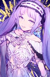 Rule 34 | 1girl, bare shoulders, black nails, bracelet, collarbone, dress, fate/grand order, fate (series), flat chest, hairband, highres, jewelry, k (sktchblg), lolita hairband, long hair, looking at viewer, midriff, nail polish, open mouth, purple eyes, purple hair, ribbon, smile, solo, stheno (fate), stheno (third ascension) (fate), twintails, upper body, white dress, white ribbon