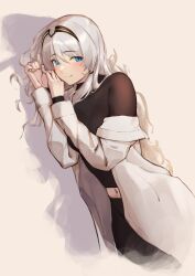 Rule 34 | 1girl, 3 small spiders, absurdres, an-94 (girls&#039; frontline), blue eyes, blush, coat, girls&#039; frontline, hairband, highres, long hair, looking at viewer, midriff, navel, open clothes, open coat, smile, solo, white coat, white hair