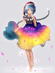 Rule 34 | 1girl, alternate costume, barefoot, blue eyes, blue hair, closed mouth, doremy sweet, dress, full body, gradient skirt, hat, houdukixx, looking at viewer, matching hair/eyes, multicolored clothes, multicolored skirt, nightcap, petals, pom pom (clothes), short hair, short sleeves, skirt, skirt basket, smile, solo, standing, tail, tapir tail, tiptoes, touhou