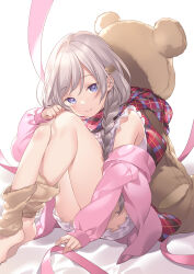 Rule 34 | 1girl, barefoot, bear hair ornament, bed sheet, blue eyes, blush, braid, closed mouth, commentary request, convenient arm, frilled shirt, frilled skirt, frills, grey hair, hair ornament, hair over shoulder, highres, jacket, knees up, long hair, long sleeves, looking at viewer, off shoulder, open clothes, open jacket, original, pink jacket, puffy long sleeves, puffy sleeves, red scarf, rie (reverie), scarf, shirt, simple background, single braid, sitting, skirt, sleeveless, sleeveless shirt, smile, solo, stuffed animal, stuffed toy, teddy bear, valentine, very long hair, white background, white shirt, white skirt