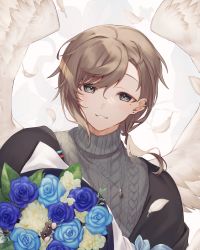 Rule 34 | 1boy, absurdres, angel wings, black jacket, blue flower, blue rose, blush, bouquet, brown hair, commentary, earrings, feathered wings, feathers, flower, flower request, grey eyes, grey sweater, highres, holding, holding bouquet, jacket, jewelry, kanae (nijisanji), looking at viewer, male focus, mole, mole under eye, multiple earrings, nijisanji, open clothes, open jacket, ribbed sweater, rose, roto (kanae), short hair, simple background, smile, solo, sweater, upper body, virtual youtuber, white background, white feathers, white flower, white wings, wings, yazune
