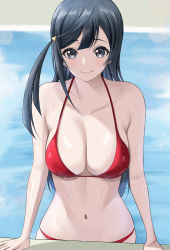 Rule 34 | 1girl, absurdres, arm support, bad id, bad pixiv id, bare arms, bikini, black eyes, black hair, breasts, cleavage, collarbone, diagonal bangs, eyebrows hidden by hair, hair ornament, halterneck, highres, in water, light blush, light particles, long hair, looking at viewer, love live!, love live! nijigasaki high school idol club, medium breasts, navel, outdoors, pool, red bikini, smile, solo, swimsuit, ta 02ss, wet, wet clothes, wet swimsuit, yuki setsuna (love live!)