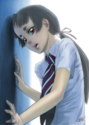 Rule 34 | 1girl, ao no exorcist, bad id, bad pixiv id, black hair, brown hair, dated, dress shirt, eyebrows, hair tie, highres, hikimayu, kamiki izumo, leaning, lips, long hair, looking at viewer, necktie, parted lips, ponytail, red eyes, s-yuta, school uniform, shirt, short eyebrows, signature, solo, striped necktie, striped neckwear