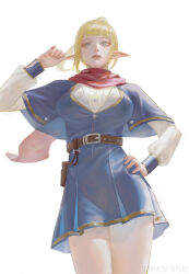 1girl absurdres arm_up belt blonde_hair blue_dress breasts brown_belt commentary commission dress elf english_commentary floating_scarf hand_on_own_hip highres looking_at_viewer original pointy_ears ponytail red_scarf scarf simple_background solo thien_ngo white_background