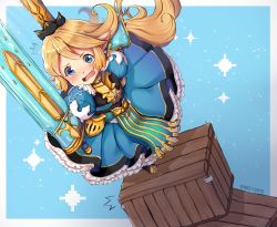 Rule 34 | 1girl, absurdres, armor, artist name, blonde hair, blue background, blue dress, blue eyes, blush, border, box, breastplate, charlotta (granblue fantasy), crown, dress, fang, frilled dress, frills, granblue fantasy, highres, huge sword, long hair, open mouth, pointy ears, solo, space cuyo, standing on box, star (symbol), starry background, sword, tongue, wavy mouth, weapon, white border