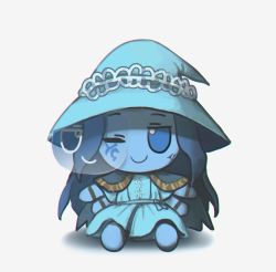 Rule 34 | blue skin, cape, character doll, chibi, colored skin, commentary, elden ring, english commentary, extra faces, facial mark, fumo (doll), hat, highres, miniature ranni, no humans, one eye covered, porforever, ranni the witch, simple background, smile, white background, witch hat
