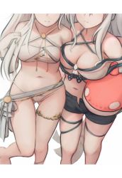 Rule 34 | 2girls, absurdres, arknights, bikini, black shorts, breasts, chinese commentary, cleavage, criss-cross halter, feet out of frame, grey hair, halterneck, head out of frame, highres, holding, holding stuffed toy, laozhanshi, large breasts, letterboxed, long hair, medium breasts, multiple girls, navel, official alternate costume, platinum (arknights), platinum (shimmering dew) (arknights), shorts, skadi (arknights), skadi (waverider) (arknights), stuffed orca, stuffed toy, swimsuit, thigh strap, unzipped, white background, white bikini