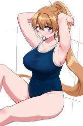 Rule 34 | 1girl, :3, absurdres, armpits, arms up, blue one-piece swimsuit, blush, breasts, brown hair, cleavage, closed mouth, collarbone, commentary request, ereka, hair between eyes, hair tie, high ponytail, highres, invisible chair, konoe kanata, large breasts, long hair, looking at viewer, love live!, love live! nijigasaki high school idol club, mouth hold, one-piece swimsuit, purple eyes, sideboob, sitting, solo, swimsuit, tying hair, very long hair, white background