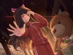 Rule 34 | 1girl, black hair, blunt bangs, box, carrot, closed mouth, commentary request, diffraction spikes, eyepatch, food, hand over eye, highres, jacket, large teddy bear, lens flare, one eye covered, open hand, original, outstretched arm, pants, potato, radish, red eyes, red jacket, red pants, red track suit, smile, solo, split mouth, sweet potato, track jacket, track pants, yutuki ame
