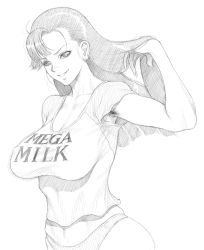 Rule 34 | 10s, 1girl, armpit hair, asymmetrical bangs, breasts, clothes writing, covered erect nipples, cowboy shot, dairoku tenma, girls und panzer, greyscale, grin, hand in own hair, large breasts, long hair, mega milk, meme attire, midriff, monochrome, muscular, navel, nishi kinuyo, panties, shirt, short sleeves, simple background, smile, solo, stomach, t-shirt, underwear, very long hair, white background