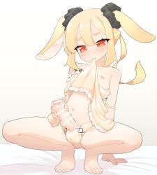 Rule 34 | 1boy, animal ears, babydoll, bar censor, barefoot, bed sheet, blonde hair, blush, censored, clothes in mouth, commentary request, commission, erection, floppy ears, full body, highres, male focus, male masturbation, masturbation, nipples, original, owasaki, panties, penis, penis out, precum, rabbit boy, rabbit ears, red eyes, simple background, skeb commission, solo, spread legs, squatting, tears, textless version, thick eyebrows, tiptoes, trap, underwear, variant set, white background, yellow panties