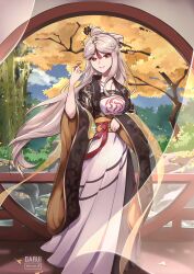Rule 34 | 1girl, alternate costume, artist name, commentary, daru, dress, english commentary, floating hair, genshin impact, grey hair, grin, hair ornament, hair stick, hairpin, highres, holding, lips, long hair, looking at viewer, ningguang (genshin impact), obi, parted lips, pink lips, plant, red eyes, sash, smile, solo, tree, very long hair, white dress, wide sleeves