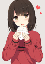 Rule 34 | 1girl, :d, baozi, blush, brown eyes, brown hair, commentary request, fingernails, food, food on face, grey background, head tilt, heart, holding, holding food, long sleeves, looking at viewer, nakamura sumikage, open mouth, original, red sweater, short hair, simple background, sleeves past wrists, smile, solo, sweater, tareme, upper body, wrapper