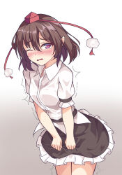 Rule 34 | 1girl, absurdres, black skirt, blush, breasts, brown hair, collared shirt, cowboy shot, embarrassed, female focus, frilled skirt, frills, gradient background, hair between eyes, hat, have to pee, highres, leaning forward, looking at viewer, miniskirt, nose blush, one eye closed, open mouth, pom pom (clothes), raised eyebrows, red eyes, shameimaru aya, shirt, short hair, short sleeves, sidelocks, simple background, skirt, small breasts, solo, standing, tokin hat, touhou, trembling, vel0x s, white background, wince
