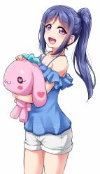 Rule 34 | 1girl, :d, blue hair, blue shirt, breasts, cleavage, commentary request, cowboy shot, frills, hair ornament, hairclip, holding, holding stuffed toy, long hair, looking at viewer, love live!, love live! school idol festival, love live! sunshine!!, matsuura kanan, nail polish, open mouth, pink nails, ponytail, purple eyes, round teeth, shirt, shorts, sidelocks, simple background, smile, solo, spaghetti strap, stuffed animal, stuffed toy, teeth, upper teeth only, white background, white shorts, yopparai oni