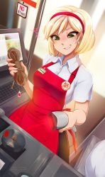 Rule 34 | 1girl, ^^^, apron, blonde hair, blouse, blush, breasts, cash register, cashier, character name, collared shirt, drooling, earrings, green eyes, grin, hairband, heart, heart-shaped pupils, highres, imminent rape, indoors, jewelry, merunyaa, mouth drool, name tag, original, rope, sammy (bestsammy), scanner, shirt, short hair, smile, solo, symbol-shaped pupils, tape, white shirt