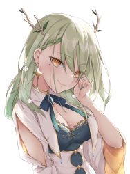 Rule 34 | 1girl, antlers, braid, braided bangs, breasts, ceres fauna, cleavage, cleavage cutout, clothing cutout, cowboy shot, earrings, green hair, green nails, hair over one eye, highres, hololive, hololive english, horns, jewelry, light blush, long hair, looking at viewer, medium breasts, mole, mole under eye, nail polish, smile, solo, takida 185, virtual youtuber, white background, yellow eyes