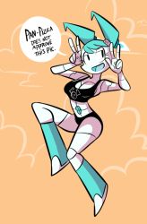 Rule 34 | 1girl, android, black panties, breasts, cleavage, english text, flying, herny, jenny wakeman, machine, my life as a teenage robot, open mouth, panties, robot, screw, shirt, solo, twintails, underwear, w