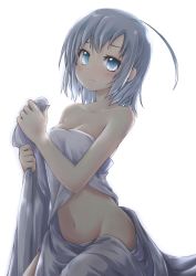Rule 34 | 1girl, ahoge, akino coto, bad id, bad pixiv id, bare shoulders, bed sheet, blue eyes, blush, breasts, cleavage, covering privates, highres, looking at viewer, medium breasts, naked sheet, navel, nude cover, original, short hair, silver hair, simple background, solo, white background