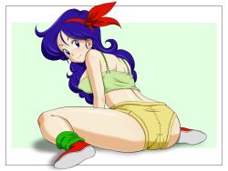 Rule 34 | ass, bare shoulders, blue eyes, blue hair, breasts, covered erect nipples, dragon ball, happy, headband, legs, long hair, looking back, lunch (dragon ball), ribbon, shoes, short shorts, shorts, sideboob, simple background, sitting, smile, sneakers, socks, tank top, thighs, wavy hair