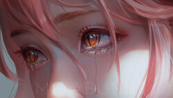 Rule 34 | 1girl, absurdres, artist name, chainsaw man, close-up, commentary, cross-shaped pupils, crying, crying with eyes open, eye focus, eyelashes, hair between eyes, highres, looking ahead, micabuns, orange eyes, pink hair, portrait, power (chainsaw man), realistic, signature, solo, symbol-shaped pupils, tears, watermark, yellow eyes