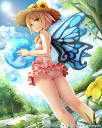 Rule 34 | 1girl, ass, bare shoulders, blonde hair, breasts, butterfly wings, cloud, day, flower, from behind, green eyes, hat, highres, holding, insect wings, lens flare, looking at viewer, looking back, lost crusade, namaru (summer dandy), one-piece swimsuit, short hair, sky, small breasts, smile, solo, sun, sun hat, swimsuit, tree, water, wings