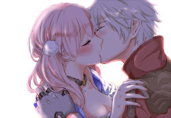 Rule 34 | 10s, 1boy, 1girl, atelier (series), atelier escha &amp; logy, bare shoulders, blush, breasts, capelet, cleavage, couple, escha malier, closed eyes, fingerless gloves, gloves, grey gloves, hair ornament, hand on another&#039;s shoulder, hetero, hug, jacket, jewelry, kiss, logix ficsario, medium breasts, neck, necklace, off shoulder, pink hair, short hair, silver hair, simple background, twintails, upper body, w spread, white background, wspread