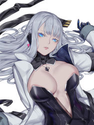 Rule 34 | 1girl, absurdres, arm up, black gloves, blue eyes, blunt bangs, braid, breasts, bustier, cleavage, commentary request, detached sleeves, earpiece, french braid, from above, gloves, grey hair, head tilt, highres, jacket, kumiko shiba, large breasts, long hair, long sleeves, looking at viewer, lying, on back, open clothes, open jacket, original, parted lips, sidelocks, simple background, solo, upper body, white background, white jacket