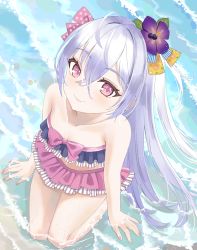 Rule 34 | 1girl, azusa (blue archive), azusa (swimsuit) (blue archive), bad id, bad pixiv id, bead necklace, beads, bikini, bikini skirt, blue archive, blurry, blurry background, castalia20, crossed bangs, feathered wings, floating hair, flower, frilled bikini, frills, full body, hair between eyes, hair flower, hair ornament, hair ribbon, halo, highres, jewelry, knees together feet apart, long hair, looking at viewer, midriff, miyuan, multicolored bikini, multicolored clothes, navel, necklace, pink eyes, platform footwear, purple flower, ribbon, sandals, simple background, solo, strapless, strapless bikini, swimsuit, wedge heels, white hair, white wings, wings