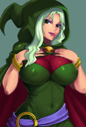 Rule 34 | &gt;:), 10s, 1girl, bracelet, breasts, cloak, closed mouth, covered navel, covered erect nipples, eyeshadow, fingernails, green eyes, green hair, green hood, highres, hood, hooded cloak, impossible clothes, jewelry, ko-ran, large breasts, lipstick, long fingernails, long hair, looking at viewer, majorina, makeup, nail polish, precure, purple lips, purple nails, sash, sharp fingernails, skin tight, smile, smile precure!, solo, upper body, v-shaped eyebrows, wavy hair