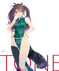 Rule 34 | 10s, 1girl, adapted costume, alternate costume, bad id, bad pixiv id, bare arms, black thighhighs, brown hair, character name, china dress, chinese clothes, dress, green eyes, hair ribbon, hands on own hips, kantai collection, one eye closed, pelvic curtain, ribbon, single thighhigh, solo, tebi (tbd11), thighhighs, tone (kancolle), tone kai ni (kancolle), tongue, tongue out, twintails, white background