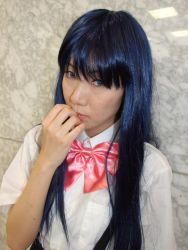 Rule 34 | aotsuki riku, blue hair, cosplay, furude rika, higurashi no naku koro ni, photo (medium), school uniform, serafuku, suspenders