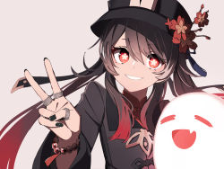 Rule 34 | 1girl, :d, = =, black hat, black jacket, black nails, closed eyes, fang, flower, flower-shaped pupils, genshin impact, gradient hair, hair between eyes, hat, hat flower, hu tao (genshin impact), jacket, jewelry, long hair, long sleeves, looking at viewer, multicolored hair, nail polish, open mouth, parted lips, red eyes, red flower, red hair, red shirt, ring, shirt, smile, solo, symbol-shaped pupils, tetuw, v, very long hair
