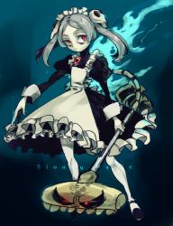 Rule 34 | 1girl, 2014, apron, bloody marie (skullgirls), blue background, brooch, character name, dress, ekubo (ciaobero), fire, frilled apron, frilled dress, frills, frown, full body, glowing, glowing eyes, grey hair, hair ornament, holding, holding weapon, jewelry, pantyhose, red eyes, ribs, skull hair ornament, skullgirls, solo, twintails, vacuum cleaner, weapon