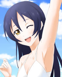 Rule 34 | 1girl, arm up, armpits, bad id, bad pixiv id, bikini, blue hair, blue sky, blush, cloud, day, hair between eyes, kimikagem9 (erementargerad), long hair, looking at viewer, love live!, love live! school idol project, one eye closed, open mouth, outdoors, sky, smile, solo, sonoda umi, sweat, swimsuit, upper body, white bikini, yellow eyes