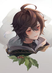 Rule 34 | 1boy, :d, ahoge, brown hair, commentary, commentary request, endend (shinia), english commentary, feathers, granblue fantasy, grey background, hair between eyes, holly, hood, hood down, leaf, male focus, messy hair, mixed-language commentary, open mouth, portrait, red eyes, sandalphon (granblue fantasy), short hair, signature, smile, solo focus, turtleneck, white feathers