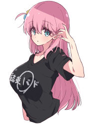 Rule 34 | 1girl, black shirt, blue eyes, blush, bocchi the rock!, breasts, clothes writing, collarbone, cropped torso, cube hair ornament, gotoh hitori, hair between eyes, hair ornament, highres, large breasts, long hair, looking at viewer, mel (melty pot), one side up, pink hair, shirt, short sleeves, simple background, solo, t-shirt, white background