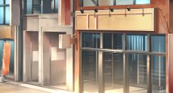 Rule 34 | banner, building, commentary request, hakuurei amano, highres, no humans, original, outdoors, power lines, reflection, scenery, shop, watermark, window