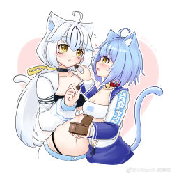 2girls absurdres ahoge animal_ears atlanta_(warship_girls_r) bell blue_hair blush box breasts candy cat_ears cat_girl cat_tail chocolate choker cleavage collar collarbone feeding food heart highres holding jacket long_hair looking_at_another low_ponytail medium_breasts midriff multicolored_hair multiple_girls navel neck_bell open_mouth short_hair smile strapless tail tube_top twitter_username valentine warship_girls_r weibo_logo weibo_watermark white_hair williamb yellow_eyes yuri