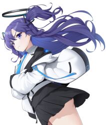 Rule 34 | 1girl, ass, black gloves, black skirt, blue archive, blue necktie, blush, closed mouth, collared shirt, cowboy shot, gloves, halo, highres, jacket, koflif, long hair, long sleeves, mechanical halo, necktie, pleated skirt, purple eyes, purple hair, shirt, simple background, skirt, solo, two side up, white background, white jacket, white shirt, yuuka (blue archive)