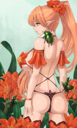 Rule 34 | 1girl, artist request, beetle, breasts, brown hair, bug, character request, flower, from behind, bug, large breasts, lingerie, long hair, plant, pointy ears, ponytail, red hair, sideboob, solo, standing, thigh gap, thighs, thong, underwear