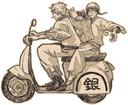 Rule 34 | 2boys, gintama, glasses, helmet, japanese clothes, kimono, male focus, monochrome, motor vehicle, motorcycle helmet, multiple boys, nijita, sakata gintoki, scooter, shimura shinpachi, vehicle, vespa